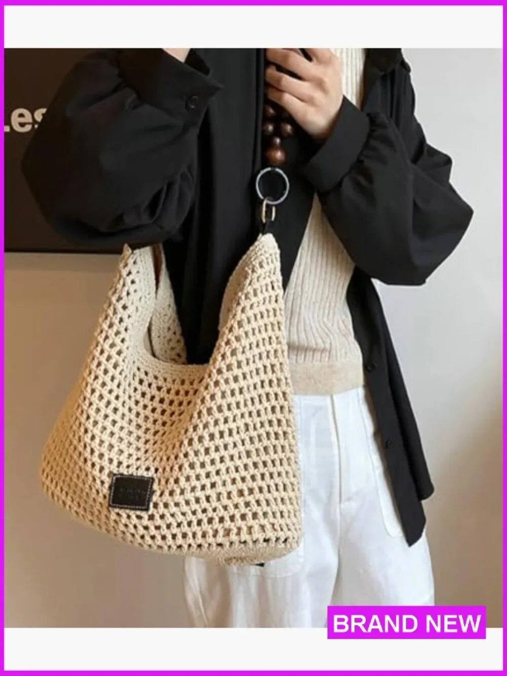 Crochet Summer Beach Bag Woven Cotton Hobo Handbag Bohemian Bead Shoulder Purse